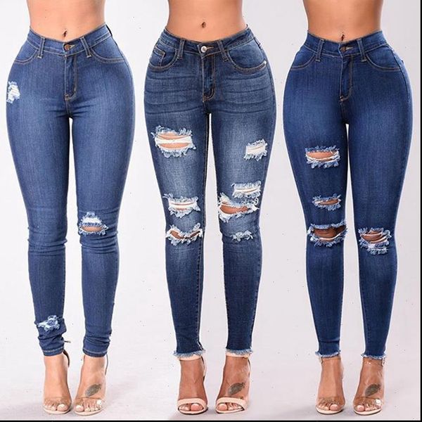 

high waist push up denim jeans women slim calca jeans ladies ripped elastic skinny jeans hole vintage boyfriend, Blue