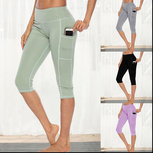 

2021 workout capri fitness leggings women high waist jogger pants with side pocket ladies sportwear running push up leggins, Black