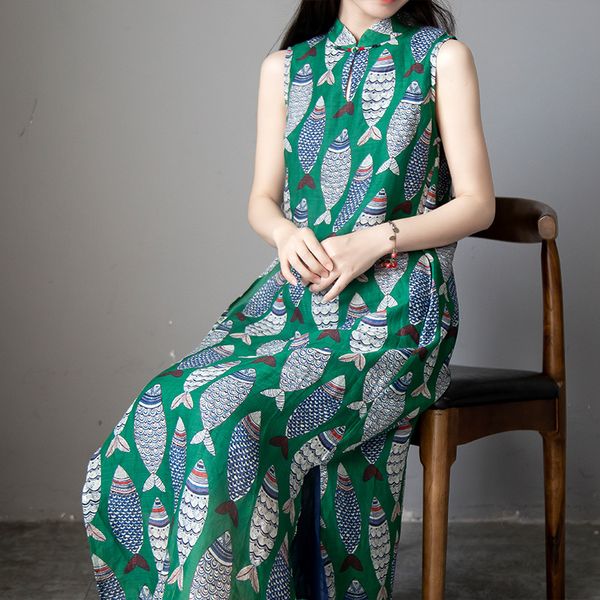 

luxury casual dresses republic style cheongsam improved summer sleevels literary small frh ramie printed drs for women, Black;gray