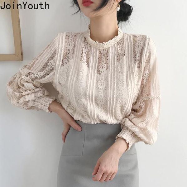 

women's blouses & shirts joinyouth women stand neck pullover 2021 spring korean lantern long sleeve shirt lace hook hollow-out blusas 5, White