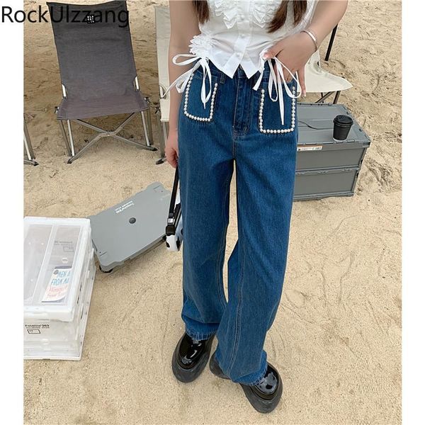 

women's jeans plus size oversized pearls pocket high waist loose straight denim pant women trouser fashion boyfriend cute korean elegan, Blue
