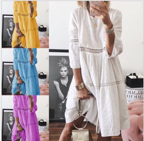 

casual dresses kalenmos fashion woman dress three-quarter sleeve round neck solid color hollow knee-length large loose women's clothing, Black;gray