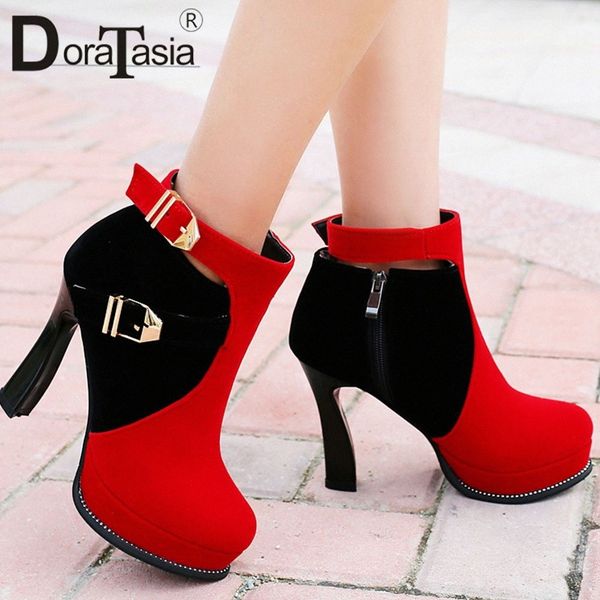 

doratasia 33 43 new fashion belt buckle ladies high heels boots women mixed colors platform ankle boots party shoes woman 79nl#, Black
