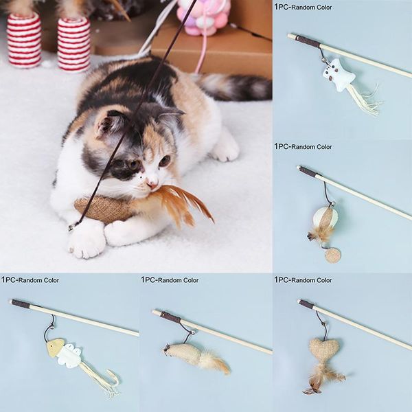 

40cm pet cat teaser toys feather linen wand cat catcher teaser stick interactive toys wood rod mouse toy with mini bell