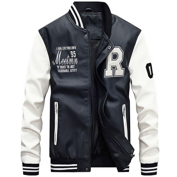 

new men leather jacket embroidery baseball pu jackets male casual luxury winter fleece pilot bomber jacket coat, Black