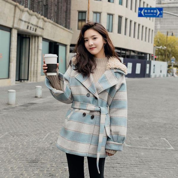 

lamb wool plaid stitching woolen coat women's 2021 spring and winter new mid-length and cotton warm woolen coat trench, Black