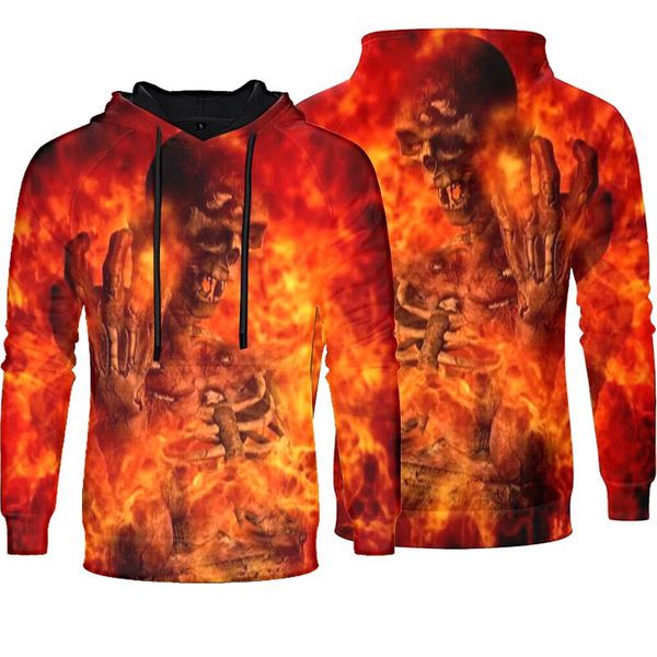 

halloween skull flame pattern men's 3d printed hoodie visual impact party punk gothic round neck sweatshirt hoodie, Black