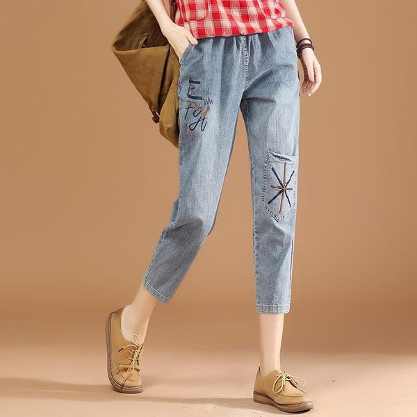

women's jeans summer pants for women capri denim mom woman high waist harem korean clothing girls 2021, Blue