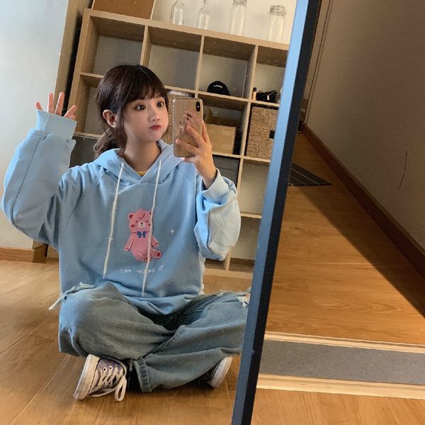 

japanese kawaii 2021 cartoon impression schoolgirl fall new korean preppy loose long sleeve hoodies hoodie ou51, Black