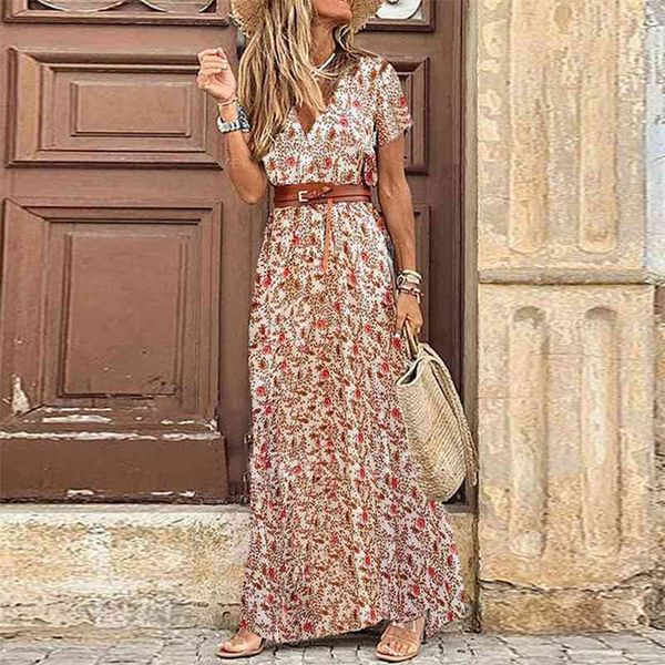 Мода V-образным вырезом с коротким рукавом Boho Maxi платье женщины летние повседневные цветочные принты пляж Bohemia дамы длинные платья для женщин 210630