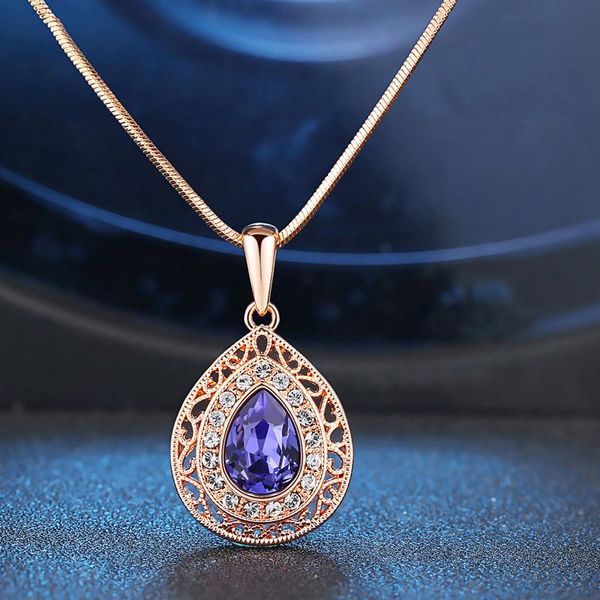 

chains drop shaped +zircon and amethyst 18k rose gold plated pendant necklace, Silver