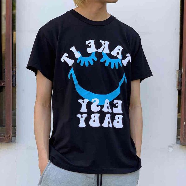 

brand am letter smiley chao face three dimensional foam printing high street trend men's and women's short sleeve t-shirt, White;black