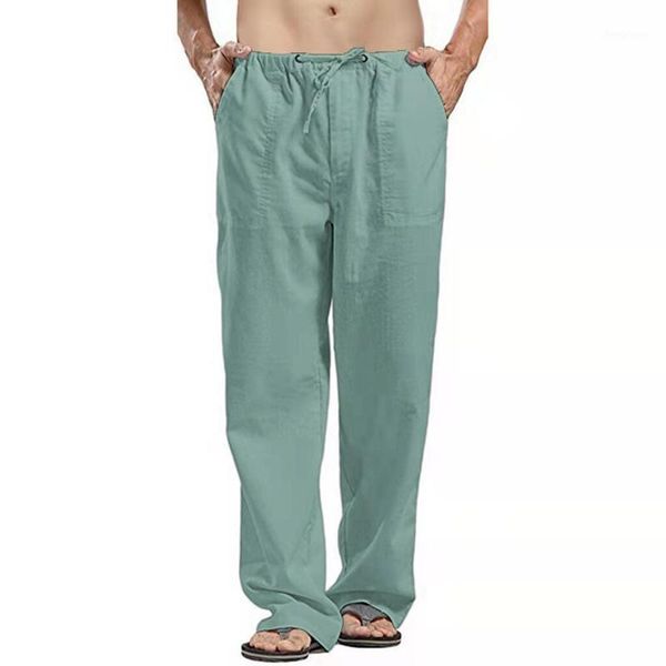 

men's pants men casual straight solid color oversize trousers linen splicing overalls pocket sport work trouser, Black