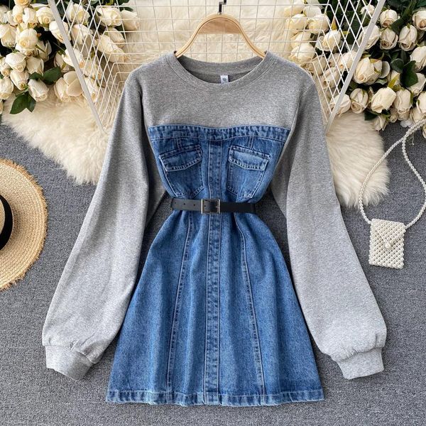 

casual dresses women denim hoodies dress 2021 autumn fashion chic long sleeve cotton sweatshirt patchwork mini jeans with belt, Black;gray