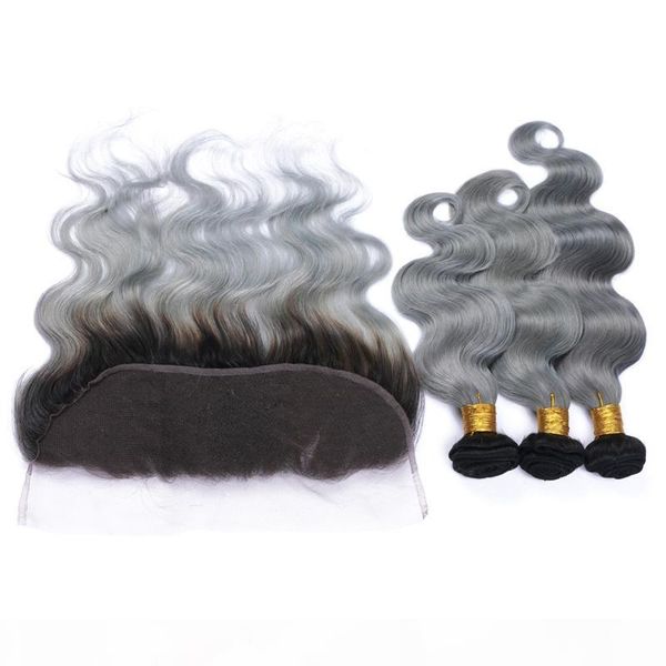 

part ear to ear lace frontals with brazilian 9a ombre 2 tone #1b grey body wave human hair bundles 4pcs lot, Black