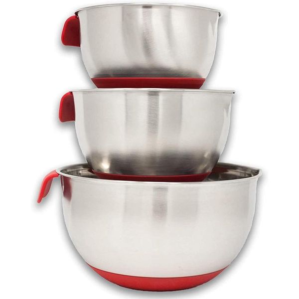 

stainless steel mixing bowls set with pouring spouts & non-slip silicone base and handles
