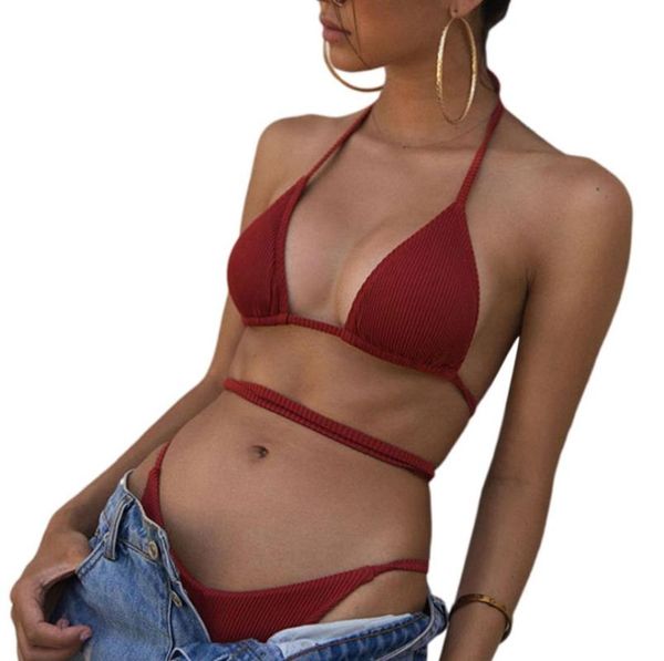 

women's swimwear 2 piece swimsuits halter tie up bra high waist thong bikini bathing suits, White;black