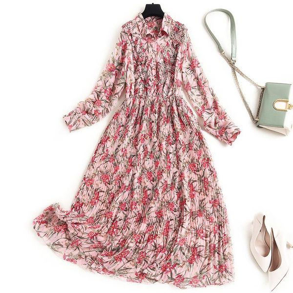 

2021 women spring summer chiffon dress shirtdress cute ruffles front floral print elastic waist long sleeve pleated dresses, Black;gray