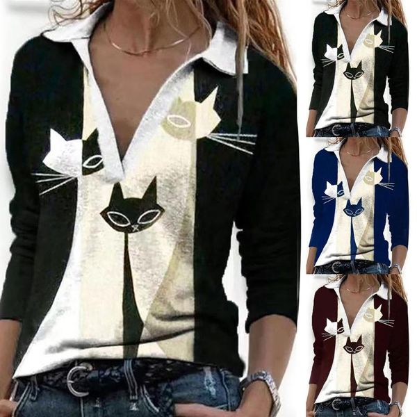 

running jerseys woman long sleeve t-shirt cute animal cat print sweatshirt v-neck pullover blouse shirt casual slim mujer women clothin, Black;blue