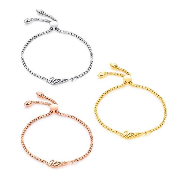 

link, chain titanium steel plated rose gold angel wing feather bracelet, Black