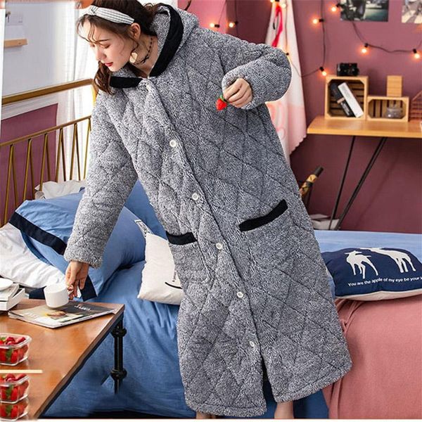 

women's sleepwear winter nightdress ladies thicken 3-layer padded plus long sleepshirts cute woman warm cotton jacket homewear nightgow, Black;red