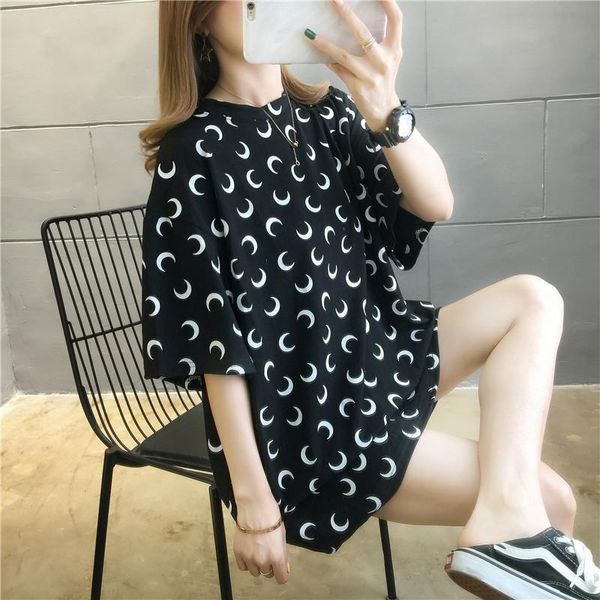 

harajuku summer crescent moon print women oversize tshirt black breathable female basic loose tshirt aesthetic girl tee, White