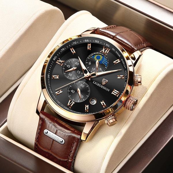 

wristwatches lige 2021 men watch luxury leather waterproof wristwatch sport quartz chronograph military watches for relogio masculino+box, Slivery;brown
