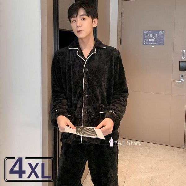 

men's sleepwear plus size 5xl man pajamas winter hooded thick flannel set fat velvet nightwear sweatshirt warm home clothes, Black;brown