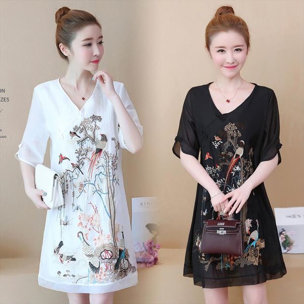 

5xl plus size womens dress short sleeve a line vintage floral embroidery v neck mini chinese style improved cheongsam, Black;gray
