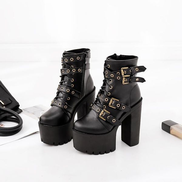 

boots 2021 winter gothic punk womens platform black buckle strap zipper square heel shoes mid calf military combat