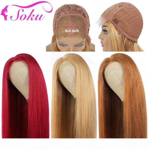 

soku 4x4 lace closure wig brazilian straight pre plucked lace front human hair wigs for black women brown red remy wig, Black;brown