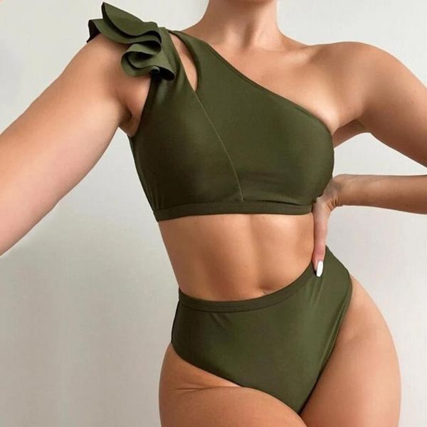 

women's swimwear bikinis women one shoulder high waist two-piece ruffle bandeau bra briefs swimsuit bikini bathing suit beachwear, White;black