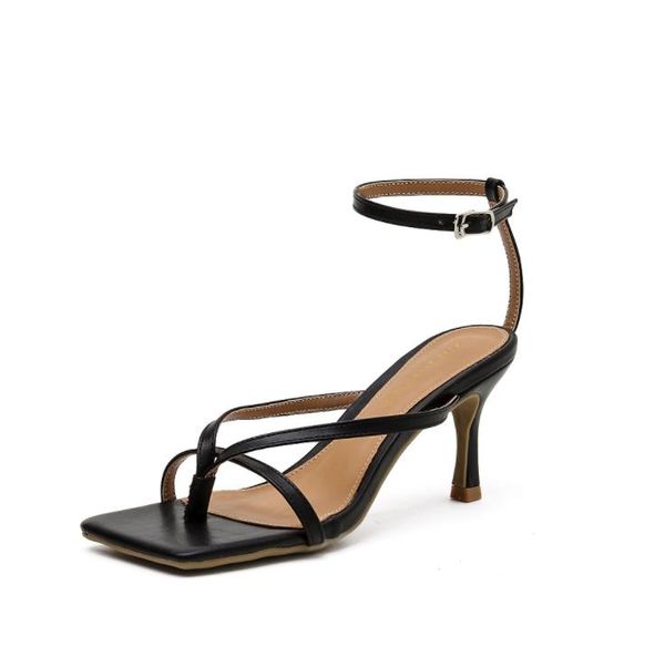 

sandals fashion candy color narrow band gladiator women thin high heels pumps elegant square toe ankle buckle strap party shoes, Black