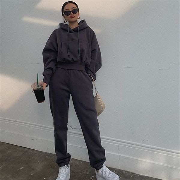 

autumn winter streetwear women joggers 2 piece sets hooded sweatshirt pants two piece set tracksuit fleece outfits sweatpants 210204, White