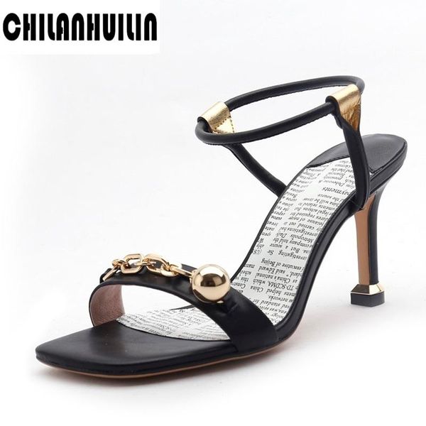 

sandals women shoes gladiator high heels summer party dress buckles genuine leather chains pumps big size, Black
