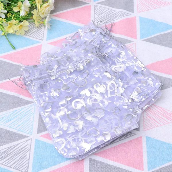 

100pcs creative heart gift bags party mesh pouches packaging bags for wedding (silver, 7x9cm)
