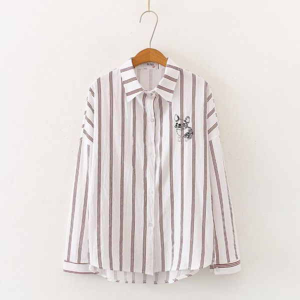 

2021 autumn new women fashion long sleeve dog embroidery striped blouses shirts casual loose office shirt blouse, White