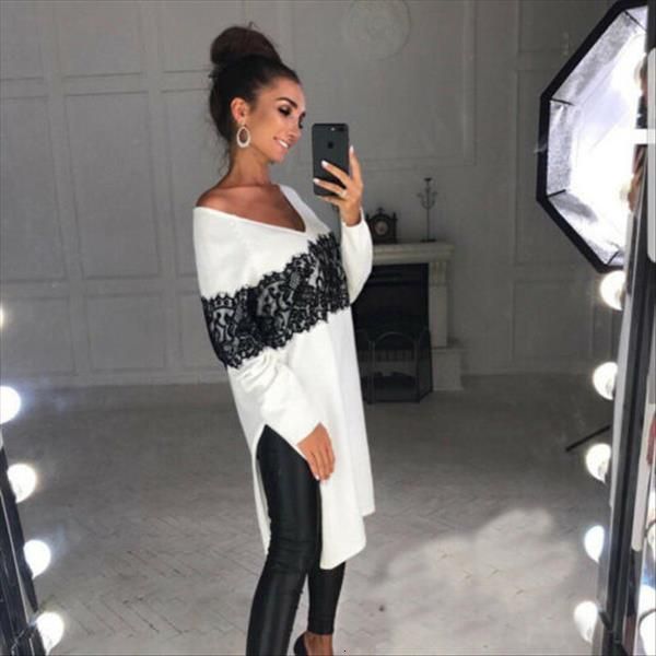 

womens clothing womens v neck v neck loose long sleeve oversize sweater jumper knitted lace blouse shirt dress, White