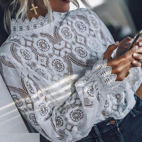 

arrival hollow out long sleeve women shirts elegant summer white floral lace