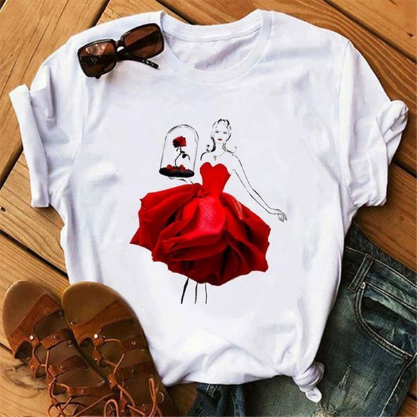 

tshirts fashion rose illustration girl womens t shirt printed tee funny 90s cute, White
