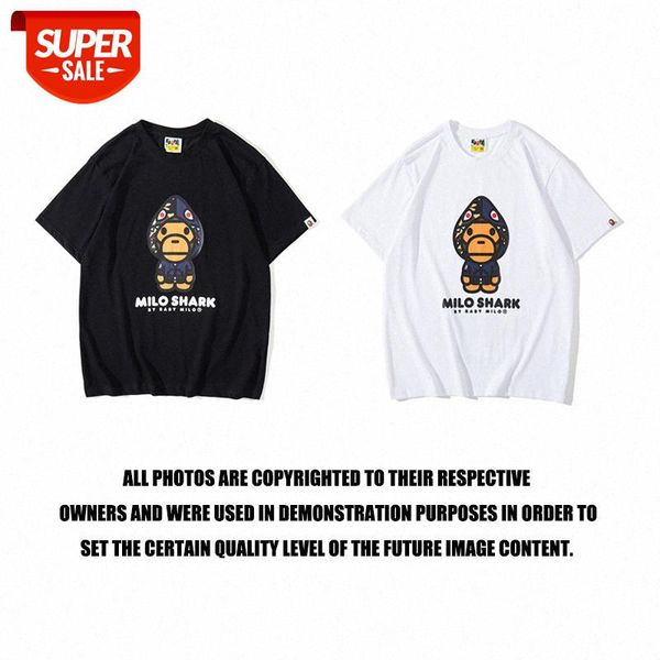 

brand ape man head milo blue shark hat little monkey t-shirt cotton anime youth collarless casual #9b9u, White;black