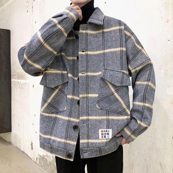 

2021 new autumn and winter men's plaid coat thick woolen coat korean style loose casual cotton fashion trend, Black