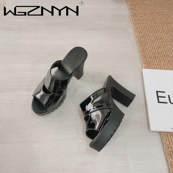 

slippers wgznyn 2021 summer weave women fashion thick 9cm high heels gladiator sandals outdoor beach slides ladies mules shoes, Black