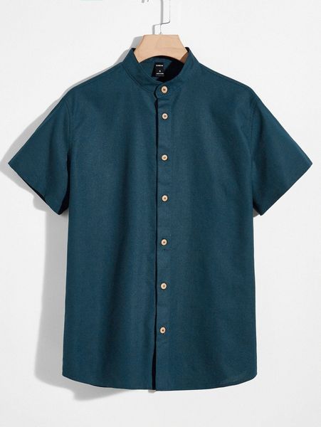 

men mock neck button placket solid shirt l4x6#, White;black