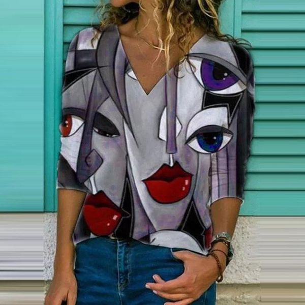 

women's t-shirt casual women v neck tie-dye print 2021 spring autumn fashion loose streetwear lady long sleeves pullover elegant top, White