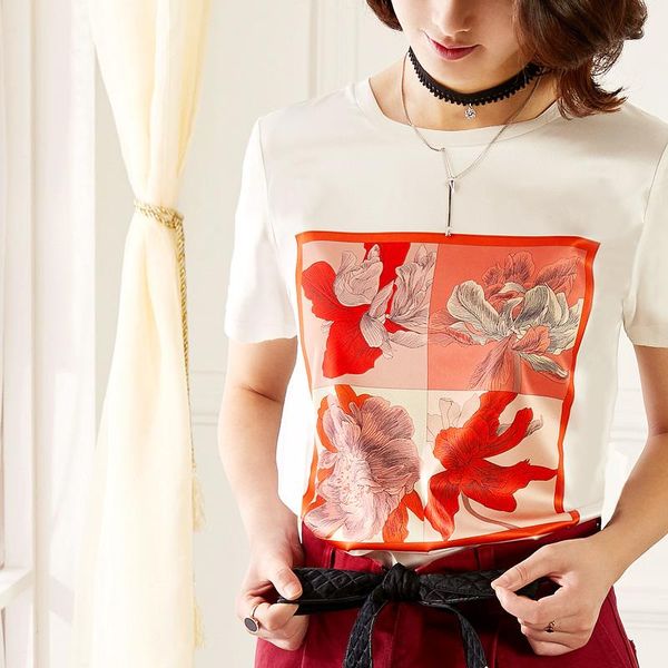 

women's t-shirt flower print female slim 2021 summer short sleeve modal thin t shirt white