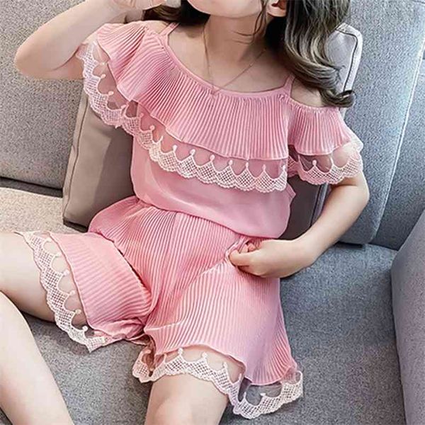 

korean style summer chiffon suit shorts 2pcs clothing sets children's kid clothes girl 210528, White