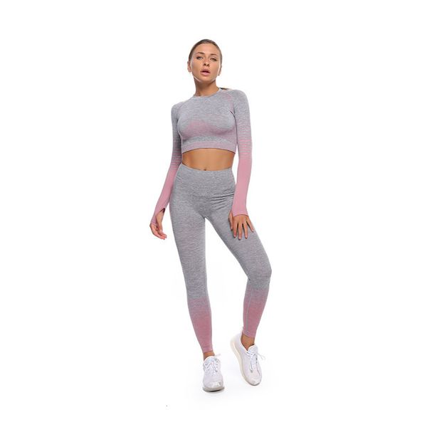 

new seamless yoga suit long sleeve hip lifting elastic fitness pants with stripes in autumn and winter, Gray