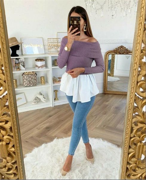 

fashion casual womens clothing female solid color off shoulder knitted sweater ladies winter tulle ruffle pullover, White;black
