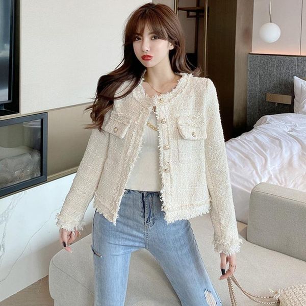 

2021 autumn winter tweed coats for women o neck long sleeve plaid jacket female new fashion, Black;brown